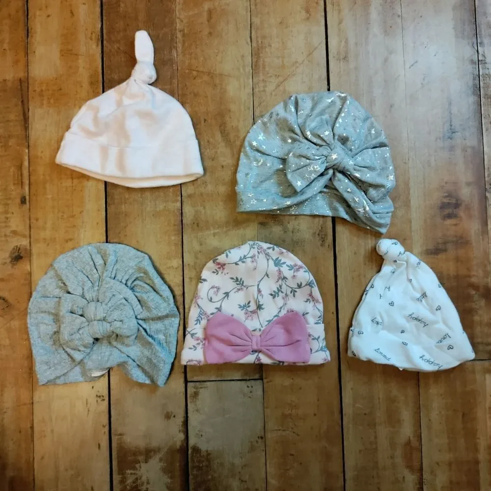 Baby girl hats newborn to 12 mos pink gray bow stars baby hats turban cotton